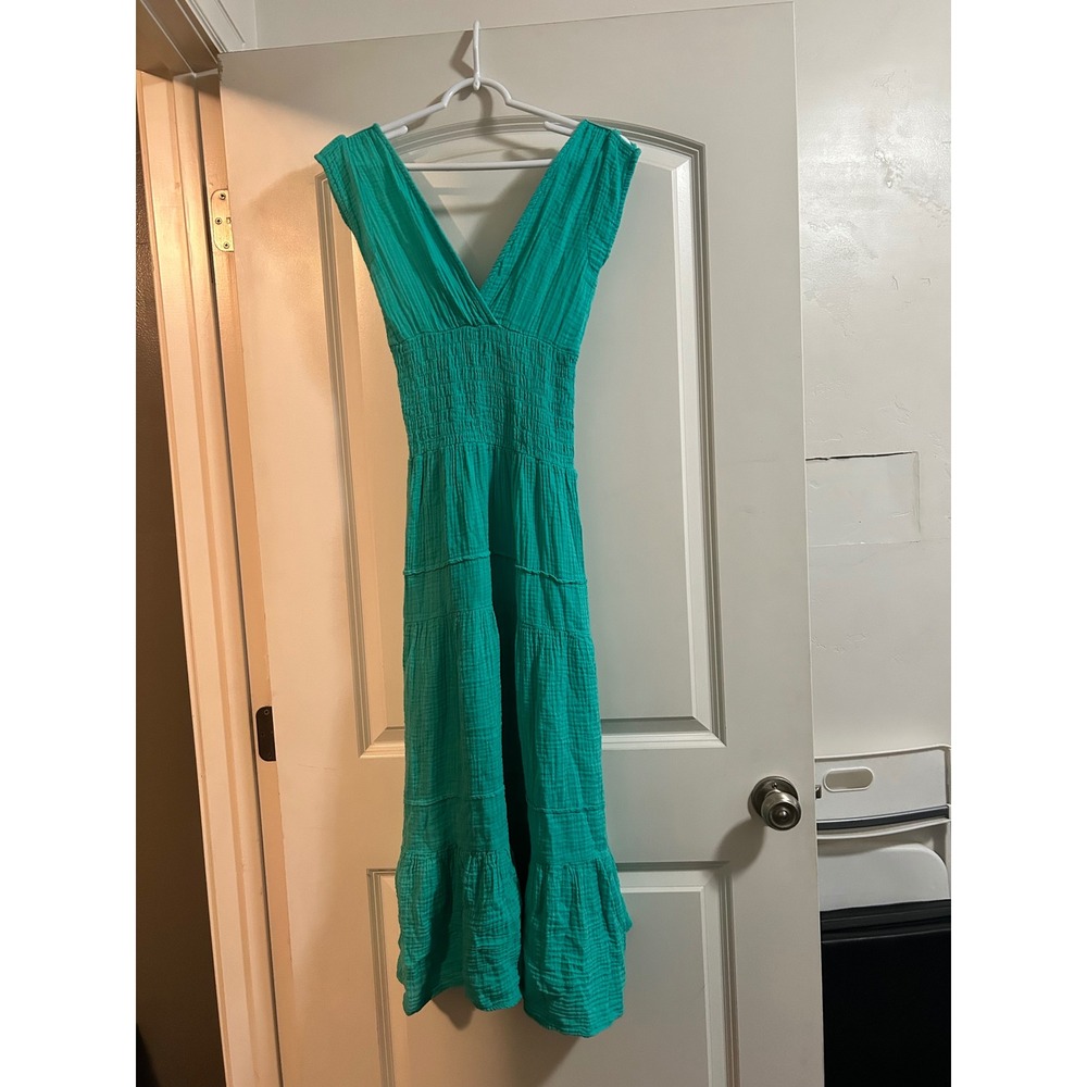 Felicite Green Smocked‎ Bodice Tiered Midi Dress Size 1 XS